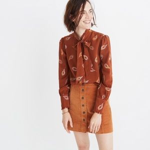Madewell silk tie ruffle shirt w/ peacock feathers